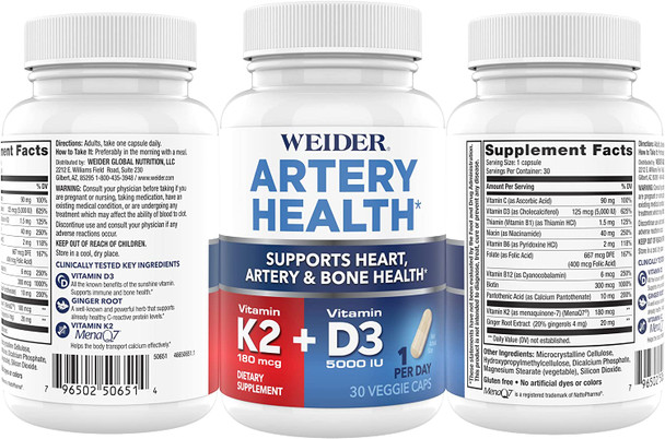 Artery Health for Heart Immune and Bone Support with Vitamin K2 180mcg  Vitamin D3 5000iu 30 Veggie Capsules
