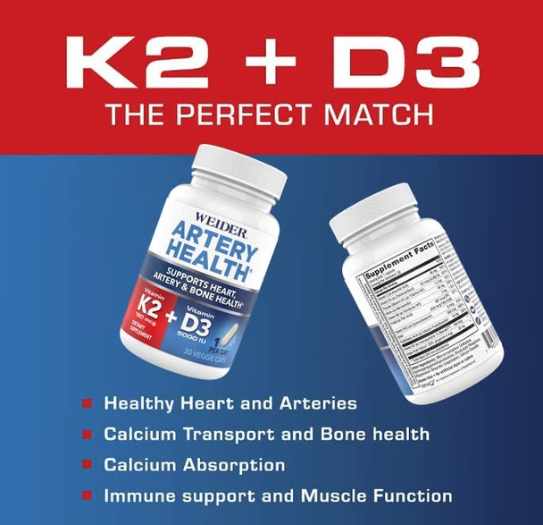 Artery Health for Heart Immune and Bone Support with Vitamin K2 180mcg  Vitamin D3 5000iu 30 Veggie Capsules