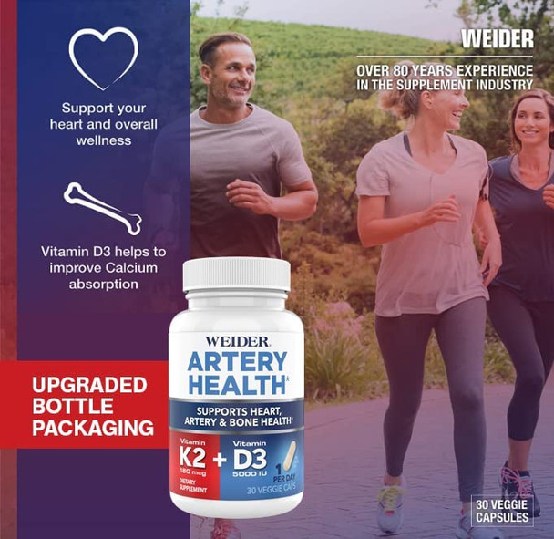 Artery Health for Heart Immune and Bone Support with Vitamin K2 180mcg  Vitamin D3 5000iu 30 Veggie Capsules