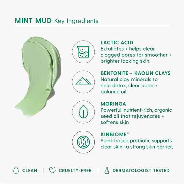 Kinship Mint Mud Deep Pore Detox Mask  Bentonite and Kaolin Clay Mask with Lactic Acid  Balances Oil Unclogs Pores and Improves the Appearance of Blemishes 2 oz