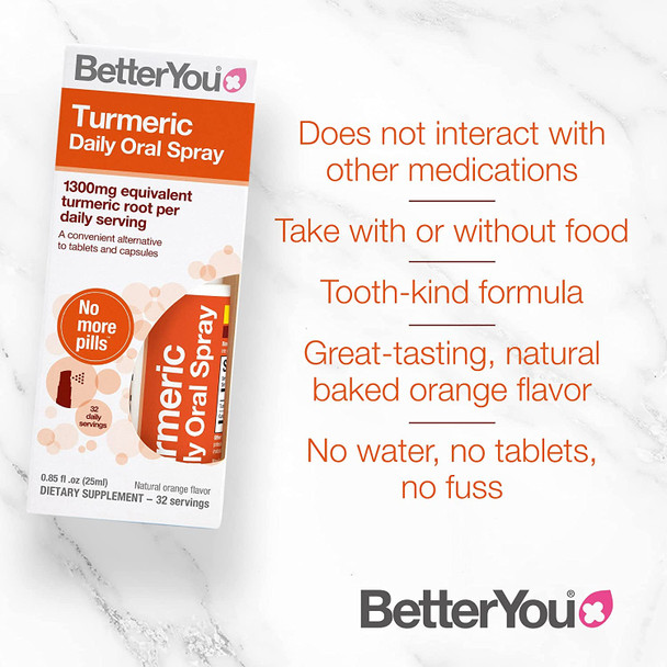 BetterYou Turmeric Oral Spray Liquid Immune Support Supplement, 325mg Strength per Single Spray, 0.85 Fl Ounce (128 Sprays), Orange