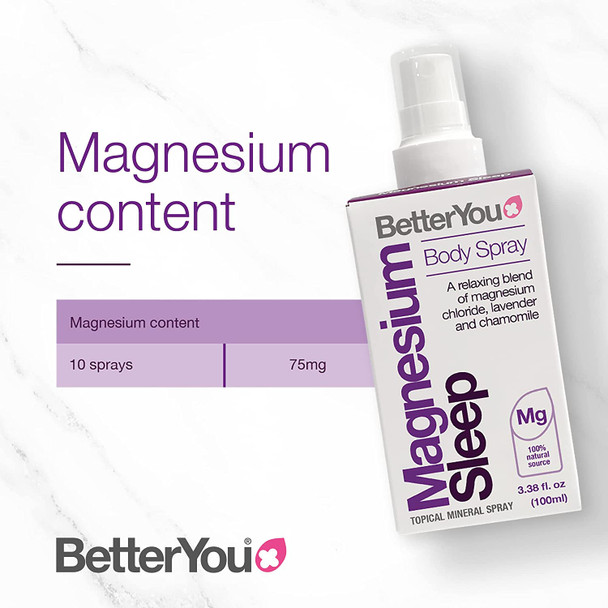 BetterYou Natural Sleep Aid Magnesium Sleep Spray with Zechstein Magnesium Chloride and Essential Oils, 28% Concentration, 3.4 Fl Ounce (600 Sprays)