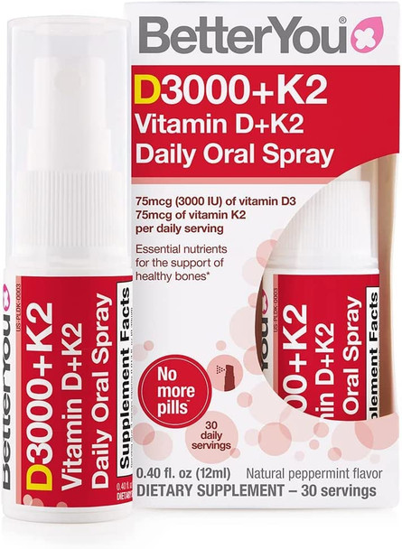 BetterYou Vitamin K2 and Vitamin D Spray Liquid Immune Support Supplement, 1000 IU Strength per Single Spray, 0.4 Fl Ounce (90 Sprays), Peppermint