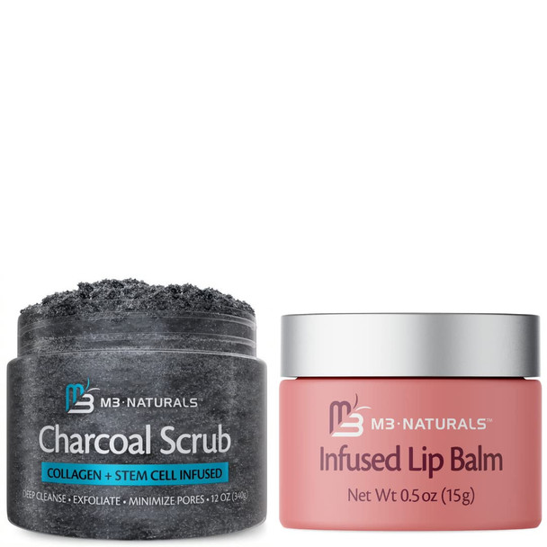 M3 Naturals Charcoal Body Scrub with Infused Lip Balm Bundle