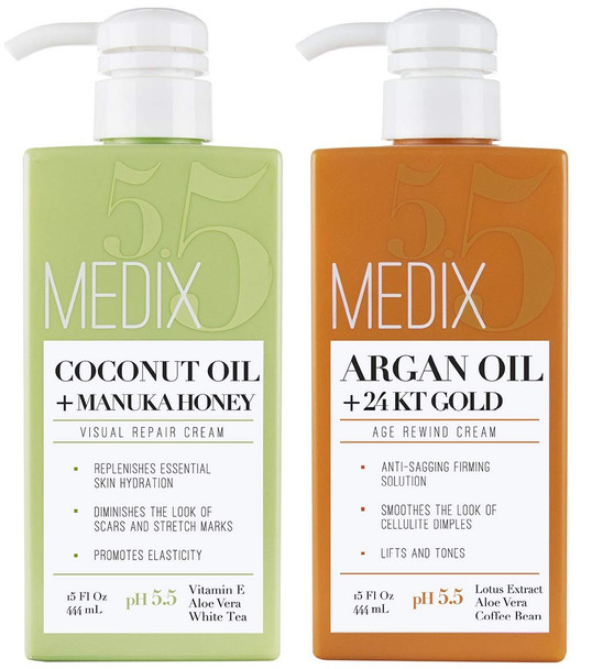 Medix 5.5 Argan Cream + Coconut Cream Moisturizer Face & Body Lotion Skin Care Set. Medix 5.5 Argan Lotion Reduces Look Of Wrinkles & Firms Sagging Skin. Coconut Cream Moisturizes Damaged, Dry Skin