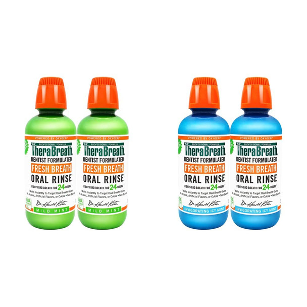 TheraBreath Fresh Breath Oral Rinse, Mild Mint, 16 Ounce Bottle (Pack of 2) and Fresh Breath Oral Rinse, ICY Mint, 16 Ounce Bottle (Pack of 2)