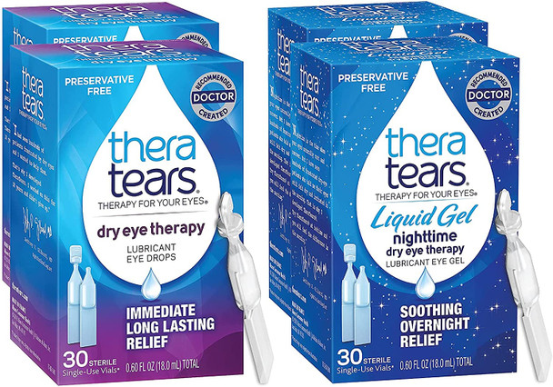TheraTears Nighttime Therapy Lubricant Eyedrops for Dry Eyes, Preservative Free, Single-Use Vials, Clear, 60 Count, 0.6 Fl Oz with TheraTears Eye Drops for Dry Eyes, 60 Count Single-Use Vials