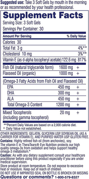 TheraTears 1200mg Omega 3 Supplement for Eye Nutrition, Organic Flaxseed Triglyceride Fish Oil and Vitamin E, 180 Count