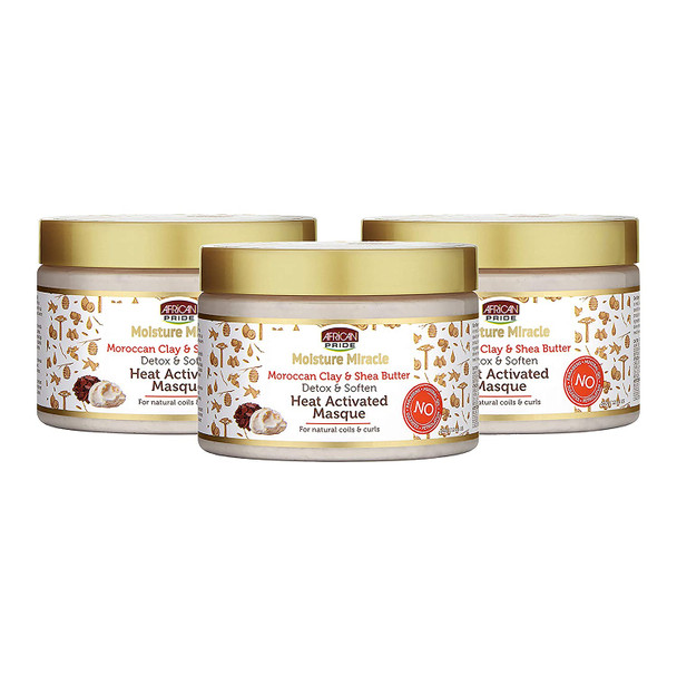 African Pride Moisture Miracle Moroccan Clay & Shea Butter Heat Activated Masque (3 Pack) - For Natural Coils & Curls, Detoxes & Softens, Removes Impurities & Product Build-Up from Hair, 12 oz