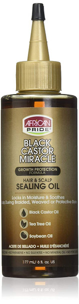 African Pride Black Castor Miracle Hair & Scalp Sealing Oil - Locks in Moisture & Soothes, Contains Black Castor Oil, Tea Tree Oil, Soybean Oil, 6 oz