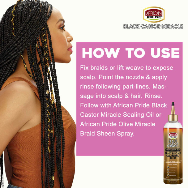 African Pride Black Castor Miracle Braid & Scalp Cleansing Rinse - Removes Hair Build Up & Soothes Scalp, No Frizz, Contains Black Castor Oil, Micellar Water, Coconut Oil, Peppermint Oil, 12 oz