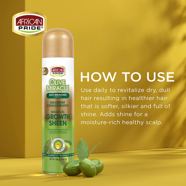 African Pride Olive Miracle Magical Growth Sheen Spray (3 Pack), enriched with tea tree and olive oil to seal in moisture and repair scalp and hair. 8oz.