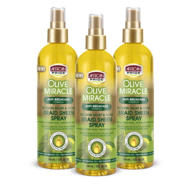 African Pride Olive Miracle Braid Sheen Spray (3 Pack) with tea tree oil and olive oil to protect and moisturize scalp and hair.12oz.