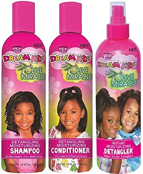 African Pride Dream Kids Olive Miracle Trio Combo (Detangling Moisturizing Shampoo, Conditioner, and Detangler)