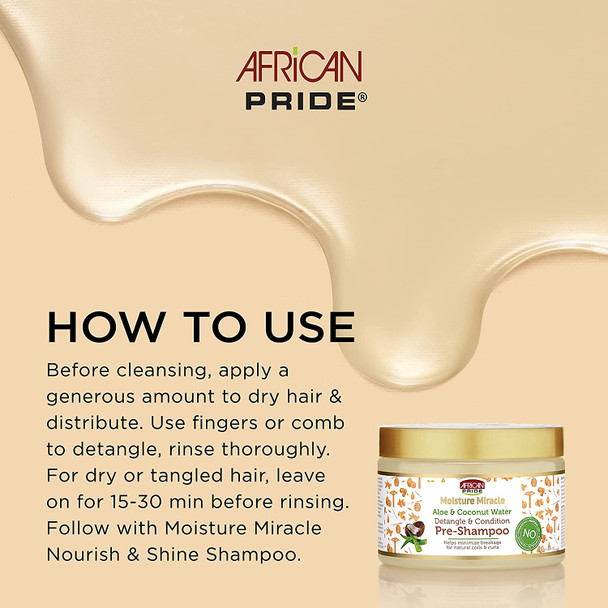 African Pride Moisture Miracle Pre-Shampoo, Honey & Coconut Oil Shampoo & Chocolate & Coconut Oil Conditioner - Helps Repair & Replenish Moisture to Natural Coils & Curls, 12 Oz & 16 Oz