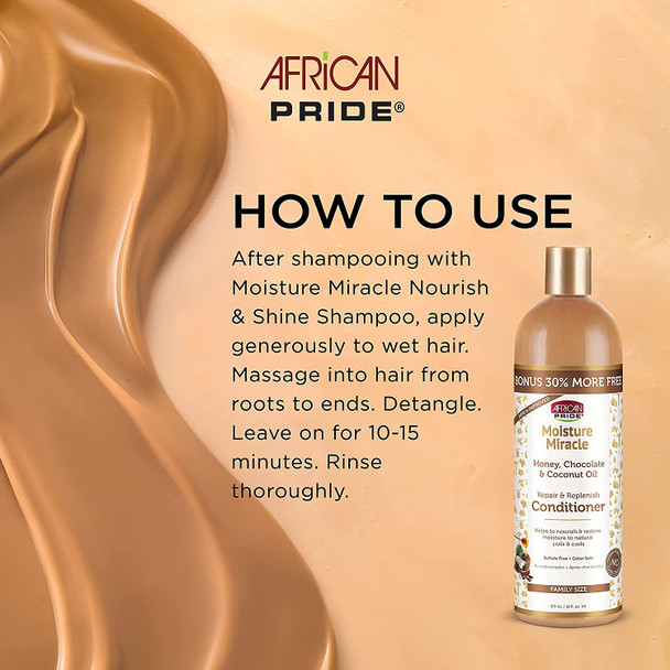 African Pride Moisture Miracle Pre-Shampoo, Honey & Coconut Oil Shampoo & Chocolate & Coconut Oil Conditioner - Helps Repair & Replenish Moisture to Natural Coils & Curls, 12 Oz & 16 Oz