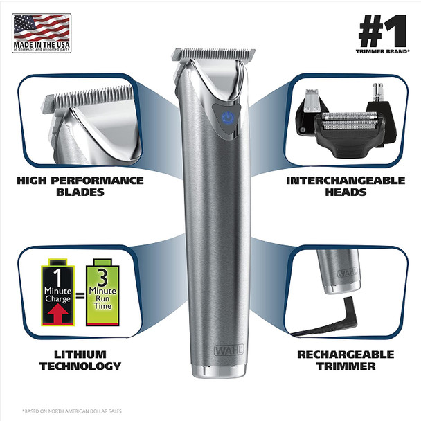 Wahl Stainless Steel Lithium Ion 2.0+ Slate Beard Trimmer for Men - Electric Shaver, Nose, Ear Trimmer, Rechargeable All In One Men's Grooming Kit - Model 9864SS