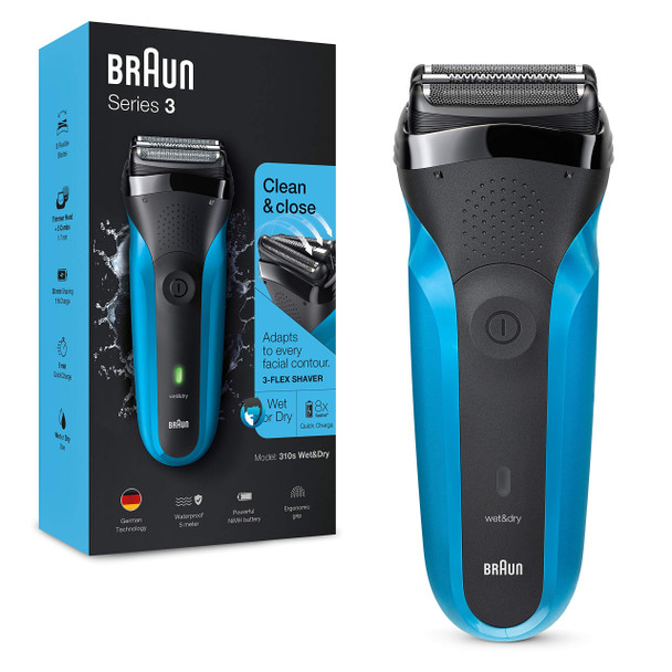 Braun Series 3 310 Electric Shaver Wet & Dry Electric Razor for Men with 3 Flexible Blades Rechargeable and Cordless Electric Foil Washable Shaver Black/Blue, 2 pin plug