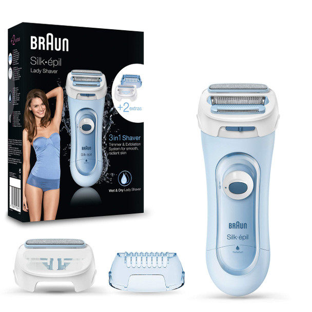 Braun Silk-épil Lady Shaver 5-160, 3-in-1 Wet and Dry Electric Shaver, Trimmer and Exfoliation System with 2 Extras, Blue