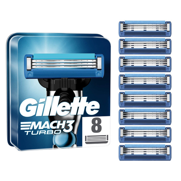 Gillette Mach3 Turbo Razor Blades for Men with Precision Trimmer, Pack of 8 Refill Blades (Packaging May Vary)
