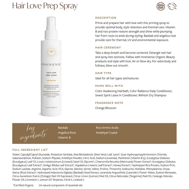 Innersense Organic Beauty - Natural Hair Love Prep Spray For Body, Style Retention + Thermal Care | Non-Toxic, Cruelty-Free, Clean Haircare (6.7 fl oz | 198 ml)