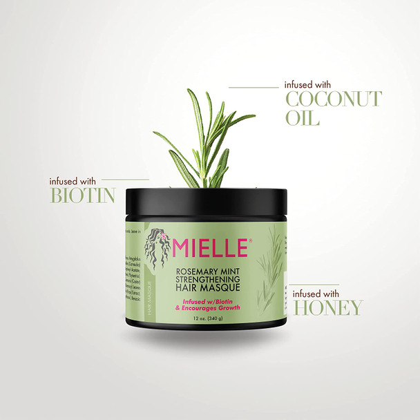 Mielle Organics Rosemary Mint Strengthening Hair Masque, Essential Oil & Biotin Deep Treatment, Miracle Repair for Dry, Damaged, & Frizzy Hair, 12 Ounces