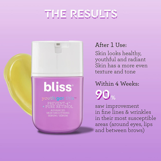 Bliss Youth Got This Prevent4  Pure Retinol Advanced Skin Smoothing Serum  Clinically Proven Formula  Clean  FragranceFree  CrueltyFree  Paraben Free  Vegan  0.67 oz