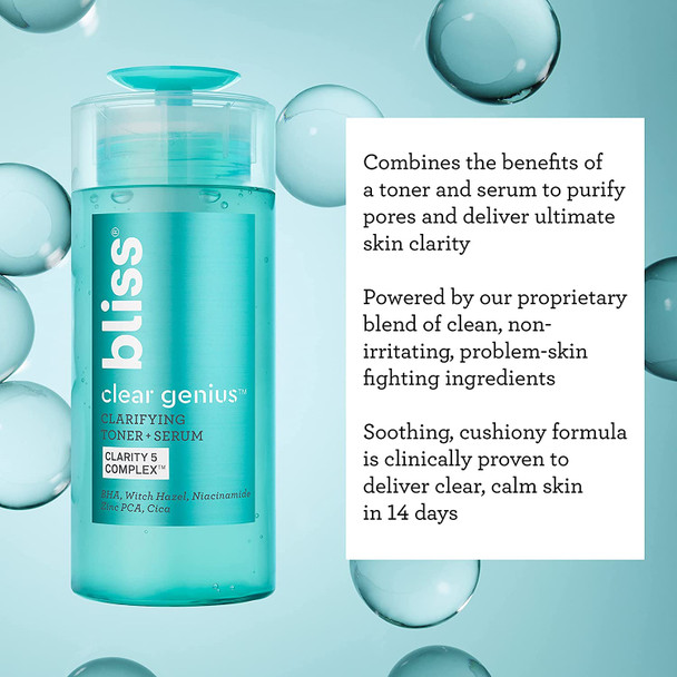 Bliss Clear Genius Clarifying Toner  Serum  Purifies Pores Tones Calms  Clears Skin  with Salicylic Acid Niacinamide  Witch Hazel  Clean  Cruelty Free  Paraben Free  Vegan  4.3 oz