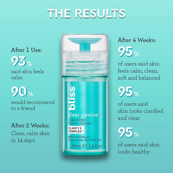 Bliss Clear Genius Clarifying Toner  Serum  Purifies Pores Tones Calms  Clears Skin  with Salicylic Acid Niacinamide  Witch Hazel  Clean  Cruelty Free  Paraben Free  Vegan  4.3 oz