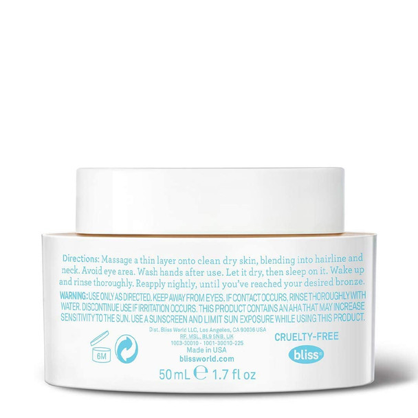 Bliss StayCay Glow Gradual Bronzing Overnight Face Mask for a NaturalLooking Glowing Tan  Coconut Scented  Clean  CrueltyFree  Paraben Free  Vegan  1.7 oz