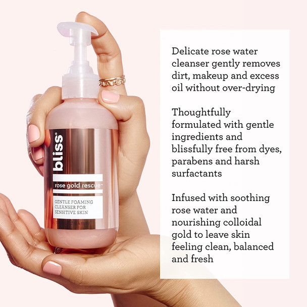 Bliss Rose Gold Rescue Cleanser Gentle Foaming Face Wash  With Soothing Rose Flower Water  Willow Bark for Sensitive Skin  Clean  Cruelty Free  Paraben Free  6.4 oz