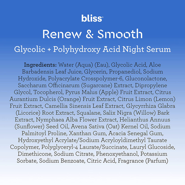 Bliss Renew  Smooth Night Serum Resurfacing Face Serum with Glycolic  Polyhydroxy Acid  Clean  CrueltyFree  Paraben Free  Vegan  1 oz