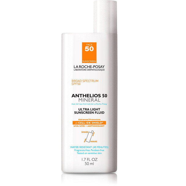 La Roche-Posay Anthelios Mineral Ultra-Light Fluid Broad Spectrum SPF 50, Face Sunscreen with Zinc Oxide and Titanium Dioxide, Oil-Free , 1.7 Fl. Oz.