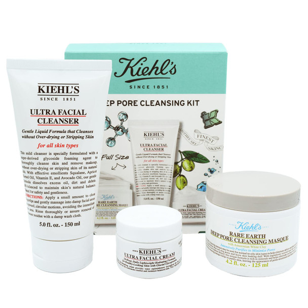 Kiehls Deep Pore Cleansing Kit Ultra Facial Cleanser Wash Deep Pore Cleansing Mask Ultra Facial Cream  Face Skin Care Routine Set for Oily Dull Acne Prone Skin