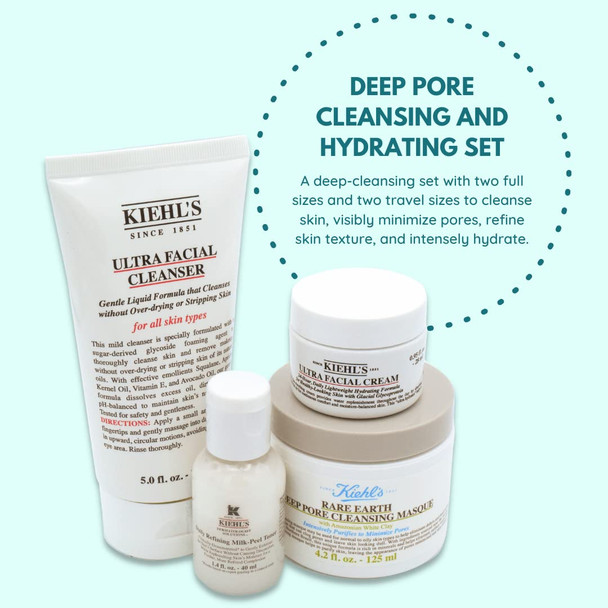 Kiehls Deep Pore Cleansing and Hydrating Set Ultra Facial Cleanser Rare Earth Deep Pore Cleansing Masque Daily Refining MilkPeel Toner Ultra Facial Moisturizing Cream with Squalane