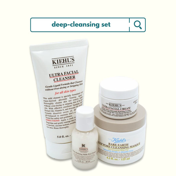 Kiehls Deep Pore Cleansing and Hydrating Set Ultra Facial Cleanser Rare Earth Deep Pore Cleansing Masque Daily Refining MilkPeel Toner Ultra Facial Moisturizing Cream with Squalane