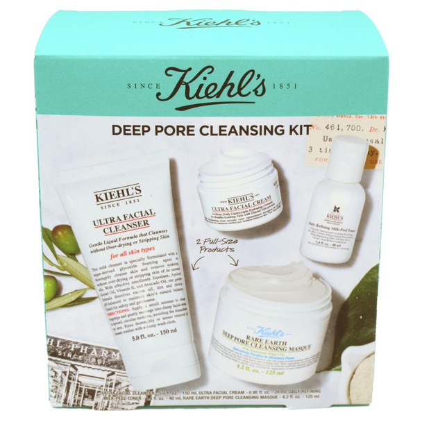 Kiehls Deep Pore Cleansing and Hydrating Set Ultra Facial Cleanser Rare Earth Deep Pore Cleansing Masque Daily Refining MilkPeel Toner Ultra Facial Moisturizing Cream with Squalane