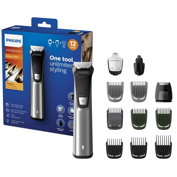 Philips Series 7000 12-in-1 All-In-One Trimmer, Ultimate Grooming Kit for Beard, Hair & Body with 12 Attachments, Including Nose Trimmer, Premium Metal Handle, UK 3-Pin Plug - MG7735/33