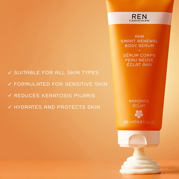 REN Clean Skincare - AHA Body Serum - 10% Lactic Acid for Gentle Exfoliation, Xylitol for Hydration - Smooths Uneven Texture, KP Bumps and Brightens Dark Spots - 6.7 Fl oz