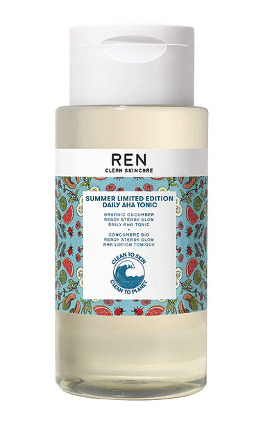 REN Clean Skincare - Summer Limited Edition Daily AHA Tonic - Exfoliate, Hydrate & Even Skin Tone with Resurfacing AHAs & BHAs - Cruelty Free & Vegan Pore Reducing Toner, 8.5 Fl Oz