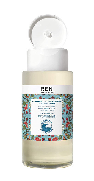 REN Clean Skincare - Summer Limited Edition Daily AHA Tonic - Exfoliate, Hydrate & Even Skin Tone with Resurfacing AHAs & BHAs - Cruelty Free & Vegan Pore Reducing Toner, 8.5 Fl Oz