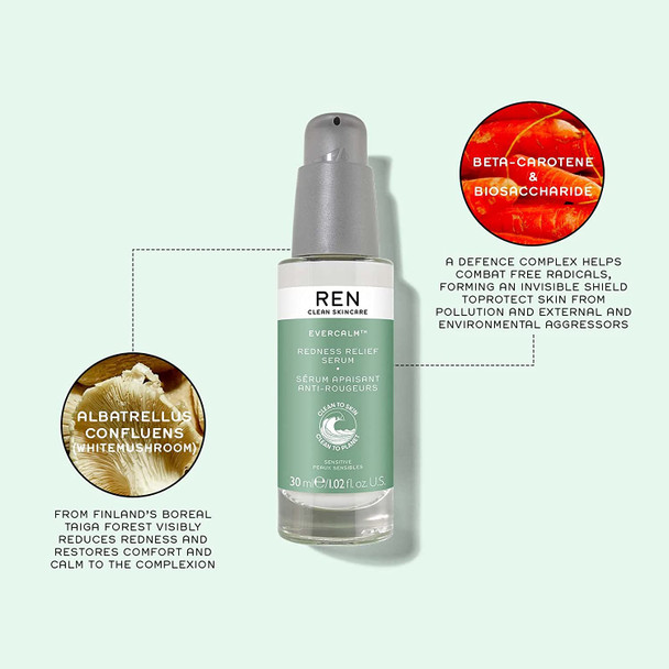 REN Clean Skincare - Evercalm Redness Relief Serum, Sensitive Skin Soothing Serum - Cruelty-Free and Vegan, 1 Fl Oz