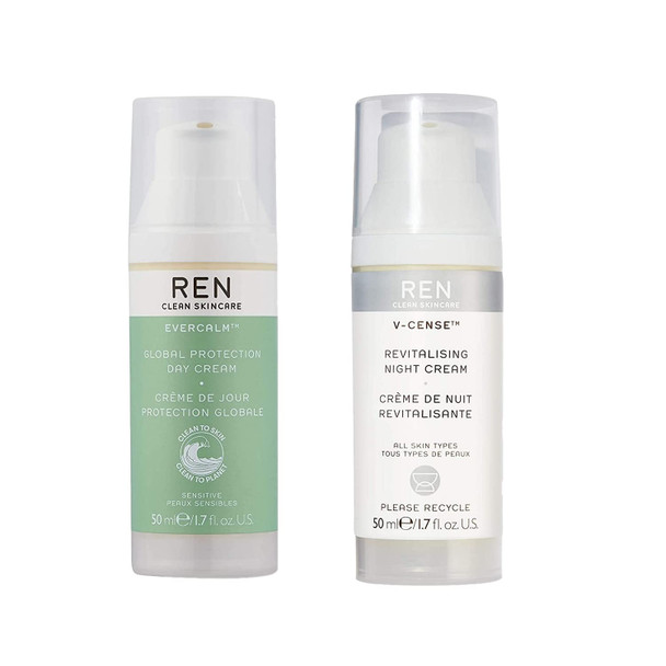 REN Clean Skincare Day & Night Moisturizer Duo - Evercalm Global Protection Day Cream & V-Cense Revitalising Night Cream - Calm & Nourish Skin, Reduce Redness, Anti-Aging, Cruelty Free, Vegan