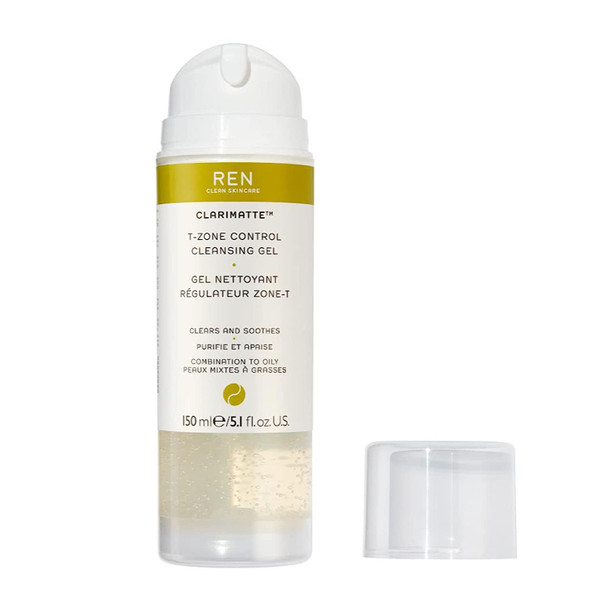 REN Clean Skincare Clarimatte T-Zone Control Cleansing Gel - Surface Oil Balancing Facial Cleanser - Cruelty Free Skin Purifier and Mattifier for Combination or Oily Skin, 5.1 Fl Oz