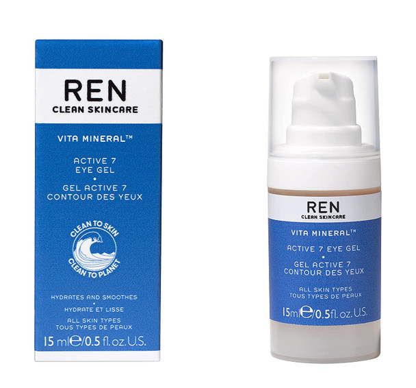 REN Clean Skincare Vita Mineral Active 7 Radiant Eye Gel - Cooling, Firming and Hydrating Gel for Undereyes, Dark Circles - Cruelty Free and Vegan, 0.5 fl oz