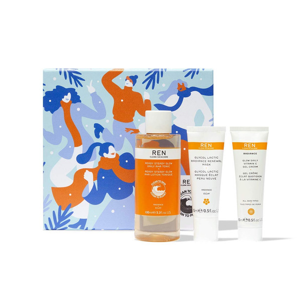 REN Clean Skincare - Glow To Go Trio Holiday Set - Daily AHA Tonic, Vitamin C Gel Cream, Glycol Lactic Mask, Clean and Cruelty Free
