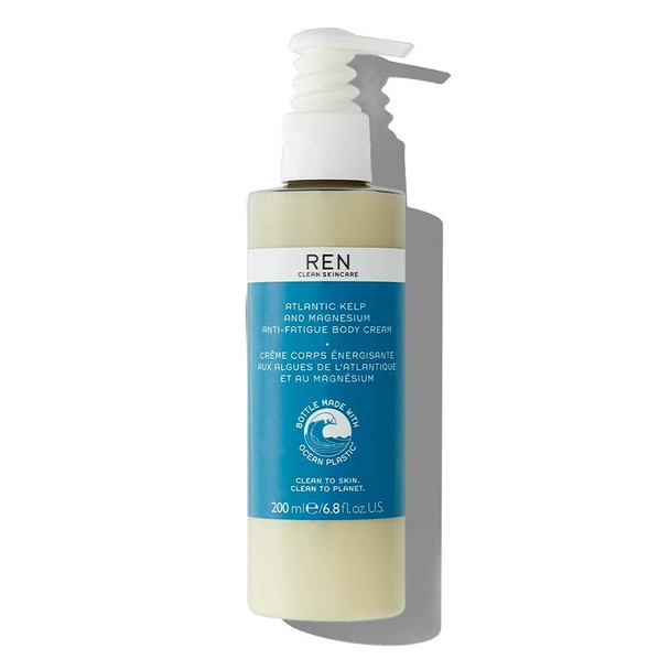 REN Clean Skincare Atlantic Kelp & Magnesium Anti-Fatigue Body Cream Hydrating Body Moisturizer Packaged in Recycled Ocean Plastic Bottle, Cruelty Free and Vegan, 6.8 Fl Oz