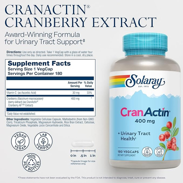Solaray Cranactin Cranberry AF Extract Capsules, 400 mg, 180 Count