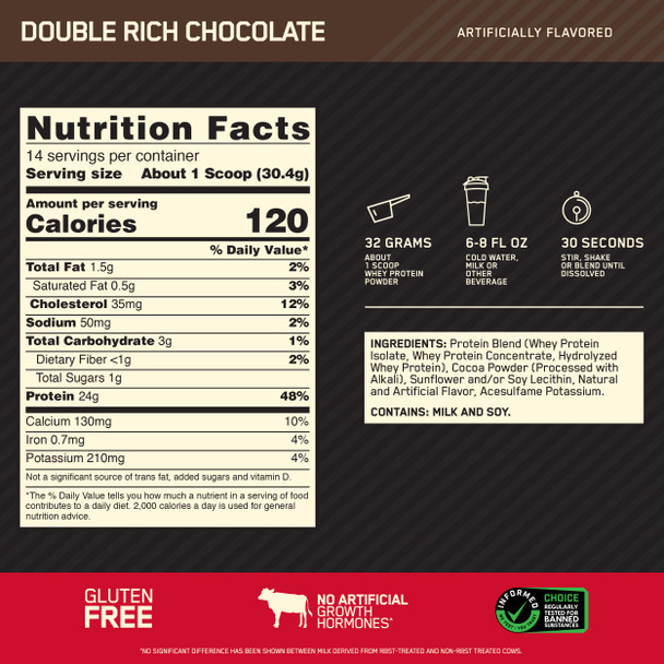 Optimum Nutrition Gold Standard 100% Whey Protein Powder, Double Rich Chocolate (1 lb.)