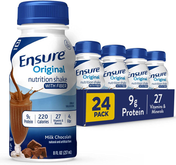 Ensure Original Nutrition Shake with Fiber, Small Meal Replacement Shake, Complete, Balanced Nutrition with Nutrients to Support Immune System Health, Milk Chocolate, 8 fl oz, 24 Count